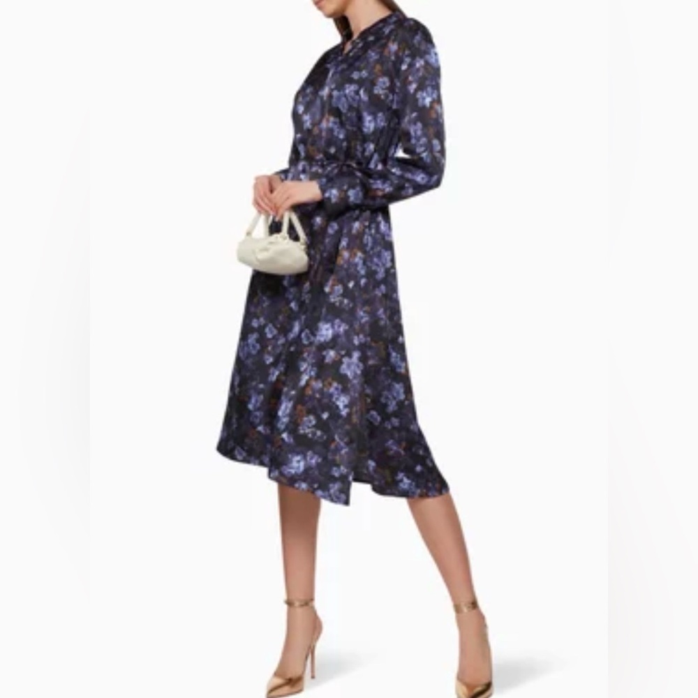 Vince Plumeria Blooms Hammered dress Small long sleeve midi Wedding Guest Floral
